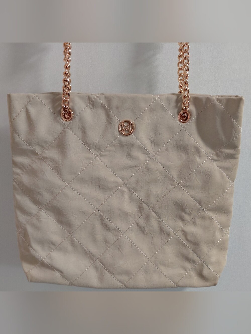 Metrocity Cream Vegan Leather Tote with Rose Gold Chain Straps